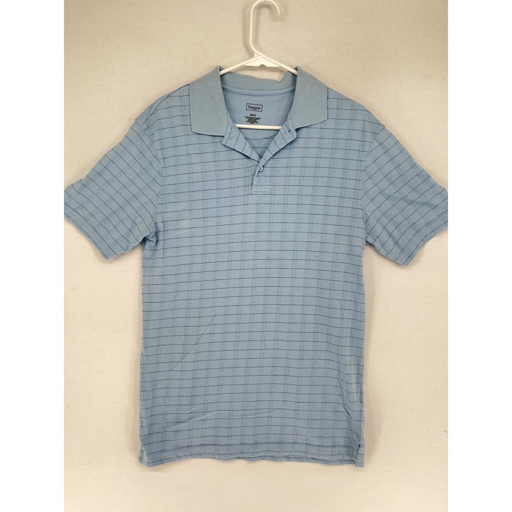 Haggar Mens Polo Shirt Small Light Blue Grid Pima Cotton Blend Short Sleeve 3024